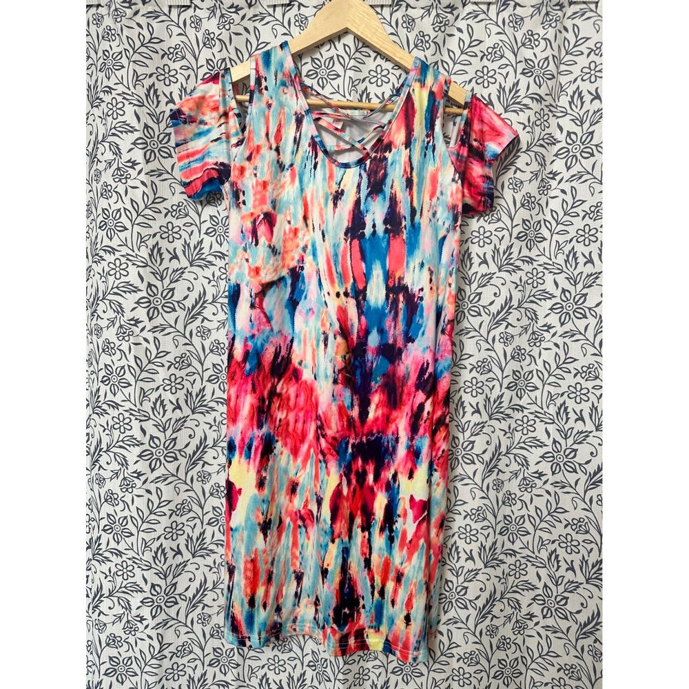 Bluetime Womens Tie Dye Cold Shoulder Knee Length Dress Multi Color Y2K Size M - Picture 2 of 7